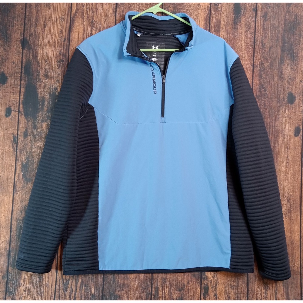 Under Armour Golf Mens XL 1/4 Zip Pullover Blue Black Ribbed Hybrid Sweater